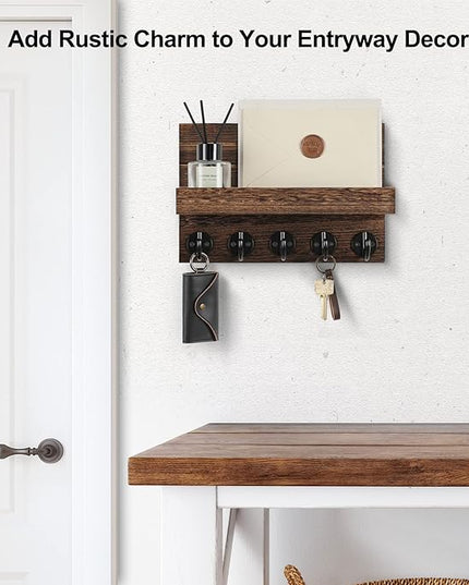 Lwenki Key Holder for Wall, Decorative Key and Mail Holder with Shelf Has Large Key Hooks for Bags, Coats – Paulownia Wood Key Hanger with Mounting Hardware (9.8”W x 6.7”H x 4.2”D) (Brown)