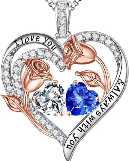 Iefil Christmas Gifts for Women Wife - 925 Sterling Silver Rose Heart Birthstone Necklace Birthday Anniversary Jewelry Gifts for Her Wife Mom Daughter
