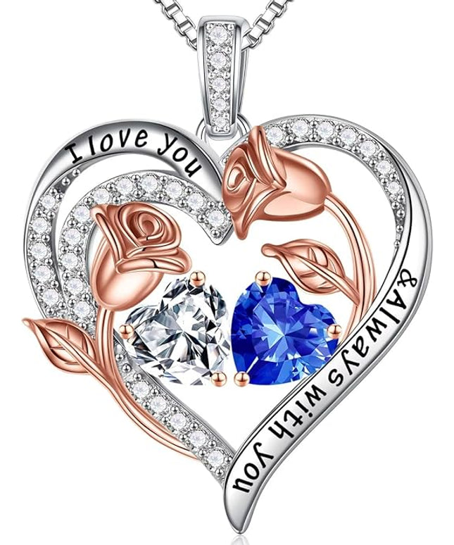 Iefil Christmas Gifts for Women Wife - 925 Sterling Silver Rose Heart Birthstone Necklace Birthday Anniversary Jewelry Gifts for Her Wife Mom Daughter
