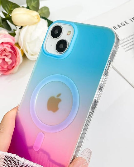 Aesthetic Case for iPhone 13 & 14 Case for Women Girls, Compatible with Magsafe, Cute Girly Trendy Glitter Sparkly Rainbow Magnetic Protective Phone Cover, Matte Iridescent Blue & Pink