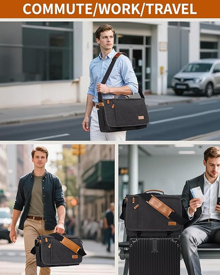 ESTARER Messenger Bag 17-17.3 Inch, Men's Computer Satchel Water-resistant Canvas, Teacher Laptop Briefcase for Work Office College, Dark Grey