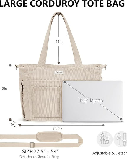 Corduroy Tote Bag for Women, 17 Pockets Laptop Work Tote Bag Lightweight Teacher Nurse Bible Bag for School Travel | with 40oz Cup Holder, Multi Compartment, Zipper Crossbody Bag, College Shoulder Bag, Daily Purse w/ Strap, Ideal Gift for Women