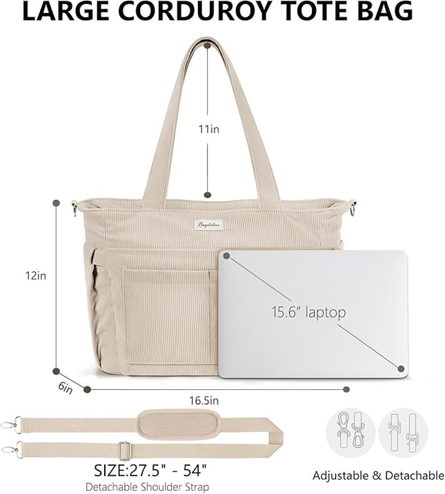 Corduroy Tote Bag for Women, 17 Pockets Laptop Work Tote Bag Lightweight Teacher Nurse Bible Bag for School Travel | with 40oz Cup Holder, Multi Compartment, Zipper Crossbody Bag, College Shoulder Bag, Daily Purse w/ Strap, Ideal Gift for Women