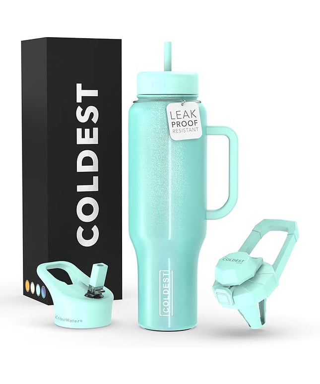 Coldest Tumbler with Handle and Straw, 100% Spill Proof Tumbler with Straw (3 Lids), Stainless Steel Insulated Leakproof Tumblers for Women Men, Cup Holder Friendly, 46 oz (Astronaut Green Glitter)