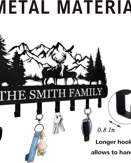 Personalized Key Holder for Wall - Custom Name Forest Deer Coat Rack Mount With Hooks, Metal Key Holder Decor, Key Hanger for Bedroom Kitchen Office