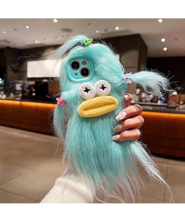 Compatible with iPhone 13 Case Green Phone Cases Funny and Silly, Weird Furry, DIY Long Hair, with Hairclip, Ugly Phone Case, Swap Challenge, Gifts with Friends