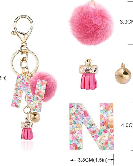 Resin Alphabet Initial Letter Keychain Keyring for Women Purse Handbags With Fur Ball Pom