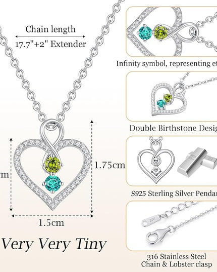 LOUISA SECRET Infinity Double Birthstone Necklace, 925 Sterling Silver Tiny Pendant Heart Necklace for Women Wife Her, Best Jewelry Gift Heart Jewelry Meaningful Gift for Valentine's Day, Christmas, Birthday Anniversary