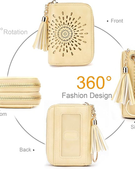 APHISON RFID Credit Card Holder Zipper Card Case Keychain Small Wallet for Women Double-Zip LIGHT-YELLOW