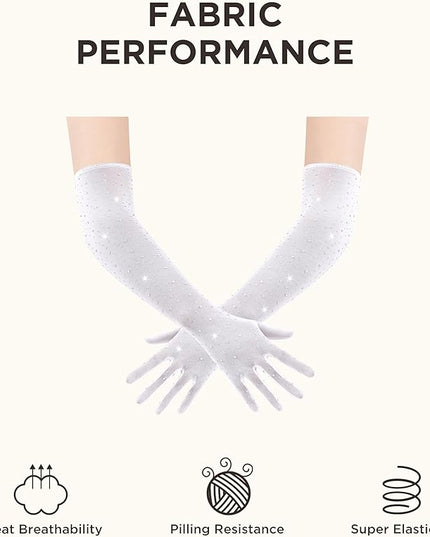 BABEYOND Mesh Gloves for Women - Long Rhinestone Tulle Sheer Sparkly Elbow Length Stretchy Accessory for Opera Party