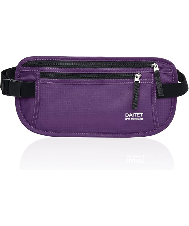 RFID Blocking Money Belt for Men Women, Slim Fanny Pack For Travel，Running,Conceal Waist Wallet For Passport Holder,Phone,Cash(Dark Purple), Dark Purple, Rfid Blocking & Belt Wide:1inch