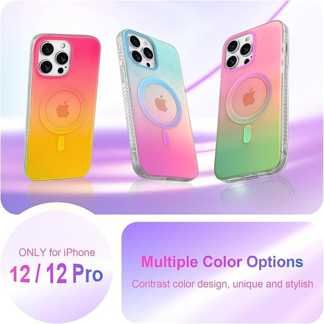 Aesthetic Case for iPhone 12 & 12 Pro Case for Women Girls, Compatible with Magsafe, Cute Girly Trendy Glitter Sparkly Rainbow Magnetic Protective Phone Cover, Matte Iridescent Red & Yellow