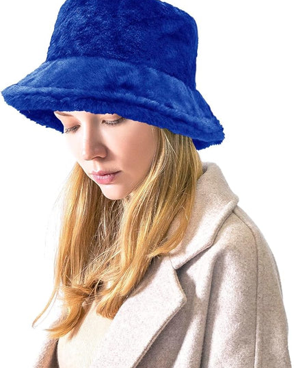 Women Plush Fluffy Bucket Hat Warm Lining Winter Faux Fur Cozy Wide Brim Winter