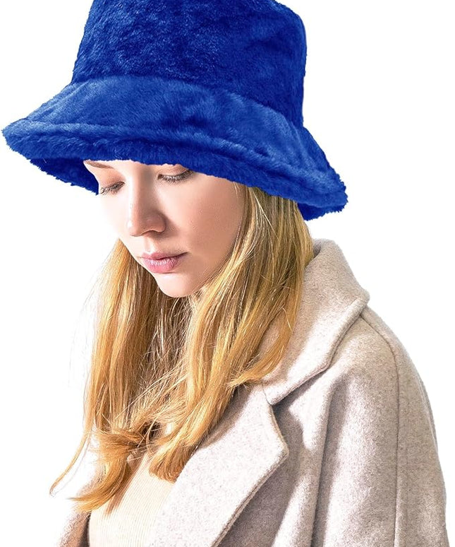 Women Plush Fluffy Bucket Hat Warm Lining Winter Faux Fur Cozy Wide Brim Winter