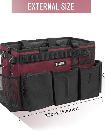 Wearable Cleaning Caddy Bag, Cleaning Caddy Supplies Organizer with Handle & Shoulder Straps for Housekeepers, Under Sink & Car Cleaning Tool Organizers with 4 Foldable Divider (Magenta)