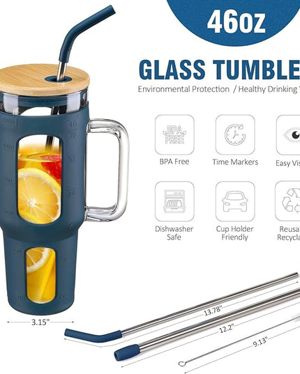 Glass Tumbler with Lid and Straw, 46 oz Iced Coffee Cup with Handle, Large Water Bottles with Silicone Sleeve, Glass Cup with Straws - Pearl Straw & Drinking Straw BPA Free-Blue