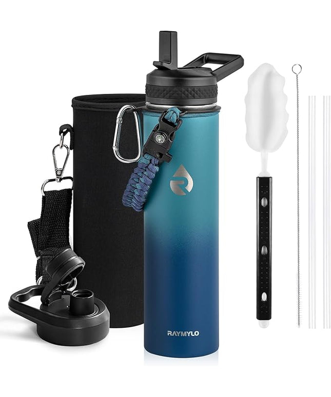Insulated Water Bottle 24oz, Triple Wall Vacuum Stainless Steel (Cold for 48 Hrs, Hot for 24Hrs), Leak Proof & Non-BPA, 24oz Hydro Water Flask with Paracord Handle & Straw Spout Lids