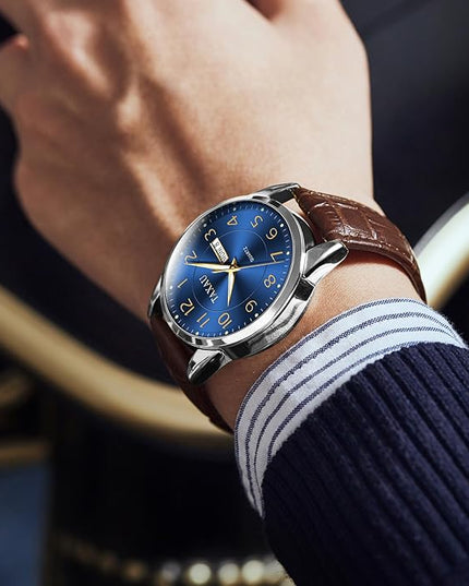 Mens Leather Watch Large Face Classic Quartz Mens Analog Watches Luxury Dress Watches for Men Waterproof Men's Wrist Watch Easy Read with Date Number Dial Relojes para Hombre