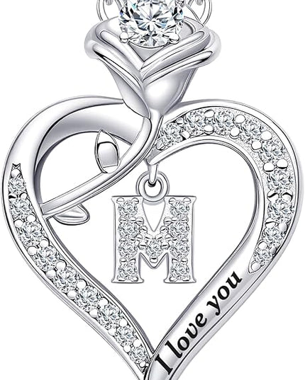 Rose Heart Pendant Necklace Gifts for Wife, Engraved 'I love you' Gift for Wife Girlfriend, Anniversary Birthday Eternity Jewelry Present for Women, Moissanite Necklace Gift for Her