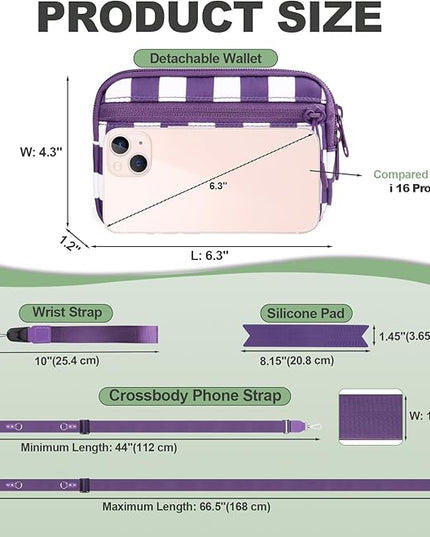 Clip and Go Strap for Phone with Wallet Crossbody, Adjustable Phone Lanyard with Detachable RFID Wristlet Wallet, Phone Strap with Phone Tabs for All Phones, Purple Checkered (M)