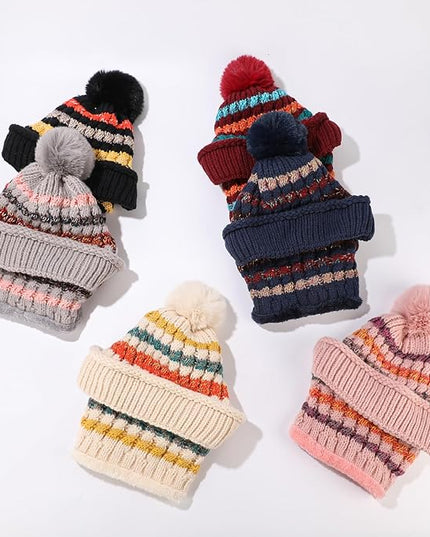 HUAMULAN Women Winter Beanie Hats One Piece Fleece Lined Knit Balaclavas Mask Set Skull Neck Circle Scarf Ski Snow Hat Pompom