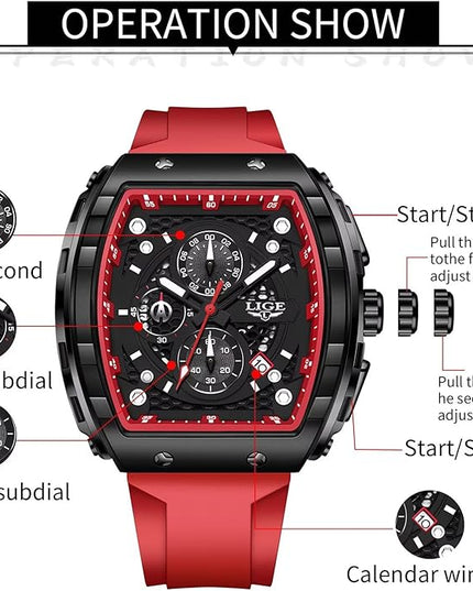 Mens Watches,Unique Rectangular Quartz Analog Watch,Outdoor Sports Multi-Function Watch,Chronograph/Waterproof/Luminous/Calendar,Durable Silicone Strap Mens Casual Watches