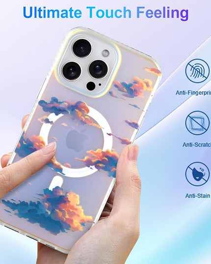 Cute Case for iPhone 14 Pro Case for Women Girls [ Compatible with Magsafe ] Aesthetic Cloud Pattern Design, Girly Glitter Sparkly Bling Protective Phone Cover, Iridescent Sun Set Sky