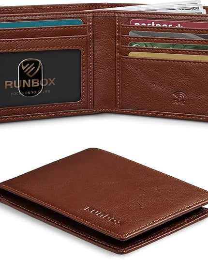 RUNBOX Wallet for Men Slim Leather Bifold RFID Blocking Minimalist Front Pocket Design with Gift Box
