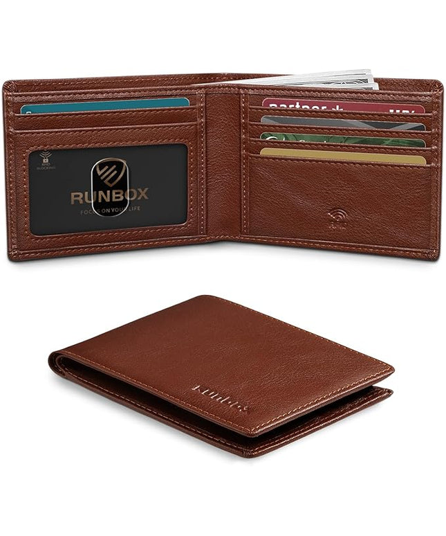 RUNBOX Wallet for Men Slim Leather Bifold RFID Blocking Minimalist Front Pocket Design with Gift Box