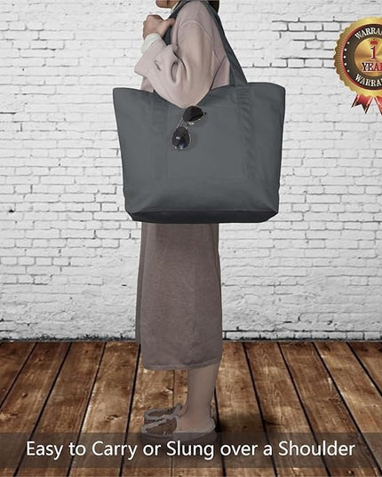 TOPDesign 1-Pack Canvas Tote Bag with an External Pocket, Reusable Grocery Shopping Bag, Top Zipper Closure, Daily Essentials (Grey)