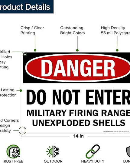 Danger Do Not Enter Military Firing Range Unexploded Shells Sign, 10x14 Inches, 55 mil thick HDPS (high density polystyrene), Made in USA by My Sign Center