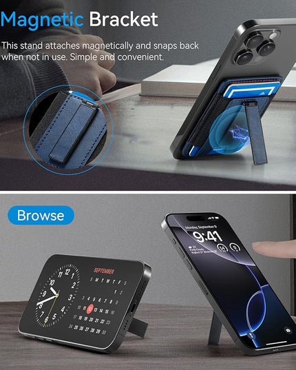 BIAJIYA Phone Wallet Sticky Back with Stand - Holds 6 Cards for iPhone & Samsung, Ultra Thin Leather & Stretch Fabric Card Holder (DeepBlue)