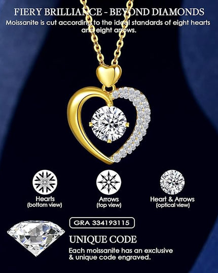 Beam & Bask Moissanite Heart Pendant Necklaces for Women, Engraved with LOVE, Sterling Silver Plated with 18K Gold, Anniversary and Birthday Jewelry for Wife, Girlfriend, Mom, or Her