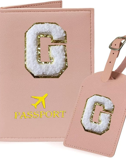 COSHAYSOO Initial Passport Cover Holder and Luggage Tag Set with Chenille Letter Patch for Women Teenage Girls, Fashion Travel Bag Backpacks Suitcase Identifier Markers Pink G
