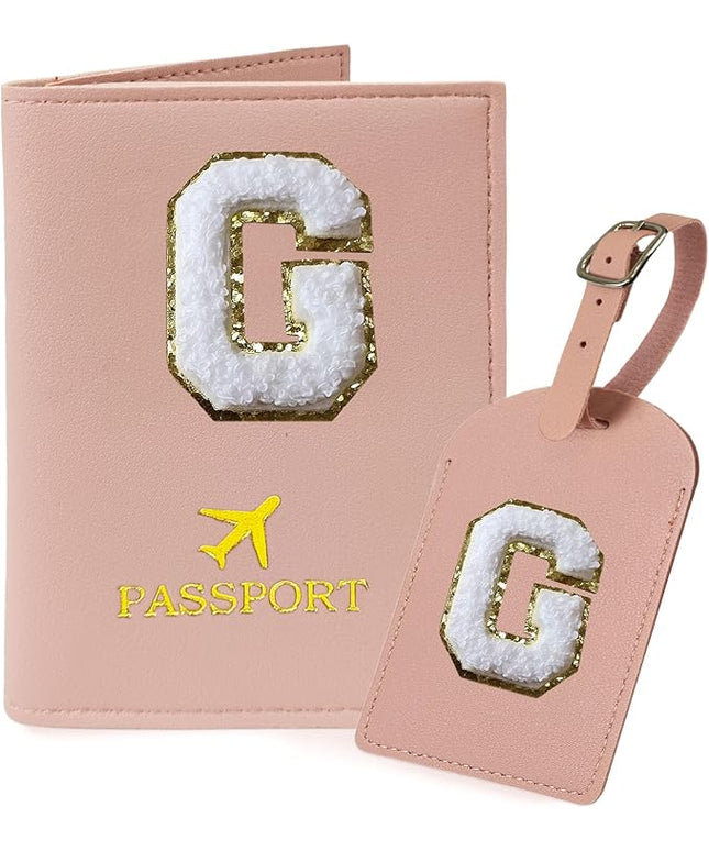 COSHAYSOO Initial Passport Cover Holder and Luggage Tag Set with Chenille Letter Patch for Women Teenage Girls, Fashion Travel Bag Backpacks Suitcase Identifier Markers Pink G