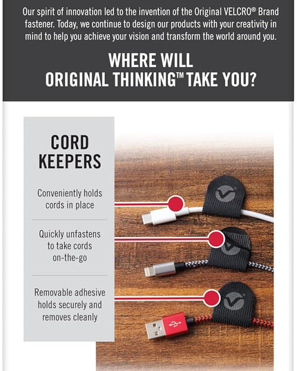 VELCRO Brand Cord Keepers | Soft Nylon Cable Clips Organize Wires in Home, Office, Desk or Nightstand | Removable Adhesive Back Holds Secure, Removes Clean | 10pk, Black