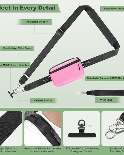 Clip and Go Strap for Phone with Wallet Crossbody, Adjustable Phone Lanyard with Detachable RFID Wristlet Wallet & Ultra-Thin 360° Rotatable Metal Tabs for All Smartphones (Pink)