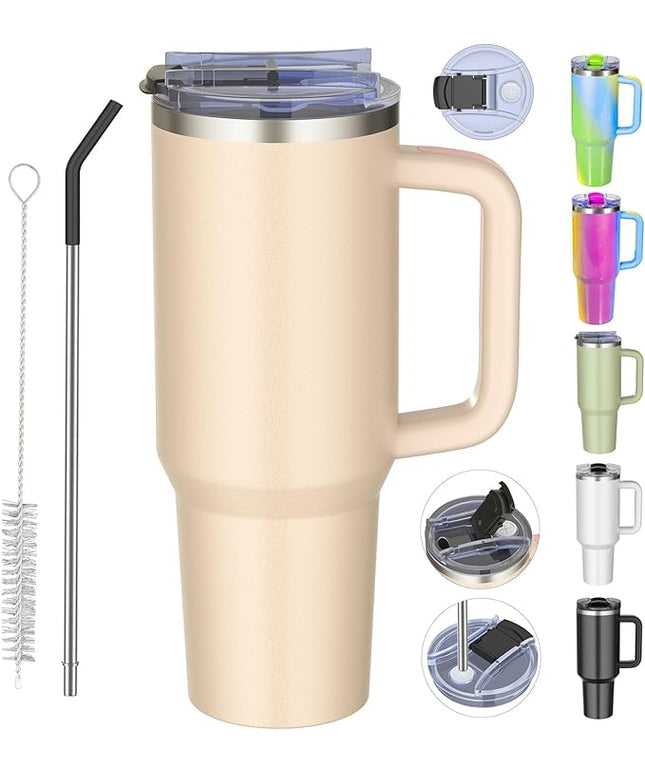 40 oz tumbler with handle and straw,Double Wall Vacuum Reusable Stainless Steel Insulated Water Bottle,With Leak Proof lid and Straw for Iced or Cold Beverages (Rose Quartz)