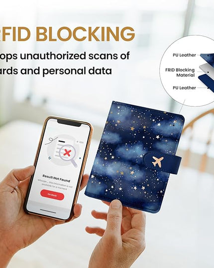 Passport Holder for Travel Essentials, RFID Blocking Leather Cover Wallet with Magnetic Closure, Aesthetic & Cute Passport Book Case for Women and Men - Star