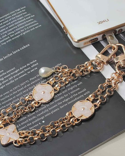 Pearl Beaded Phone Charm Wrist Strap,Cute Bracelet Wristlet Lanyard,Gold Double Chain for Phone Case,Purse Bag Wallet