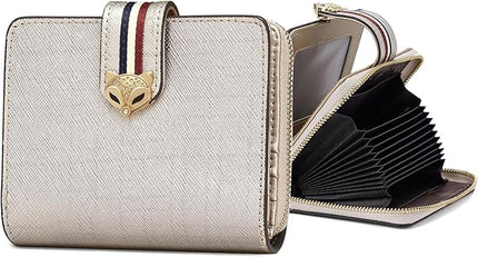 FOXLOVER Genuine Leather Zip Small Wallet Women RFID Blocking Credit Card Bifold Wallet Business Card Holder with ID Window(Gold)