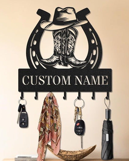 LOWACOS Personalized Key Holder for Wall, Custom Metal Cowboy Key Hooks with Name, Meta Jacket Holder Hooks Organizer Rack, Jacket Hanger Decor for Kitchen, Entryway, Hallway, Office, Doorway