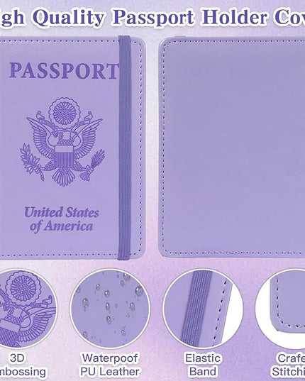 Passport Holder for Travel, RFID Blocking Passport Cover with Pen Holder Leather Passport Wallet Case Travel Must Haves Accessories Passport Book Card Holder for Family Travel Essentials Gifts, Purple