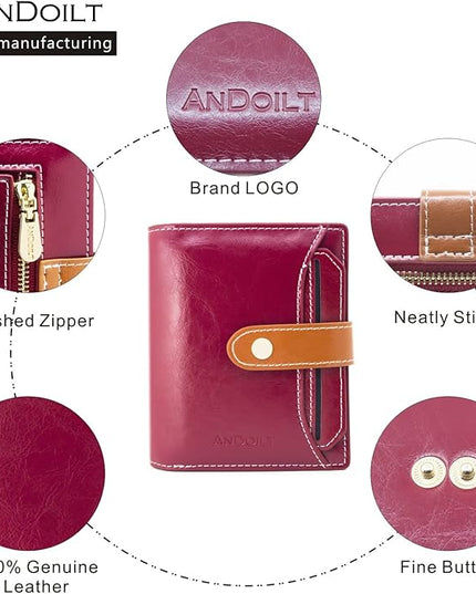 ANDOILT Wallets for Women Genuine Leather Small Bifold Wallet RFID Blocking Card Case Purse with ID Window Coin Pocket | Small, RFID Blocking, Card Case, Purse, with ID Window, Coin Pocket