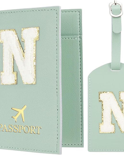 PATIKIL Passport Holder for Travel, Initial Passport Cover and Luggage Tag Set with Alphabet Chenille Letter Patch Travel Wallet Bag Suitcase Identifier for Women Family Travel Green N