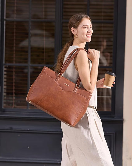 LOVEVOOK Laptop Bag for Women,17.3Inch Work Teacher Bags Leather Tote Bag Briefcase Waterproof Computer Bag for Women，Brown