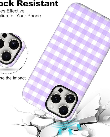 Magnetic for iPhone 15 Pro Case Cute Checkered Stripes Phone Case for Women Girls, Shockproof Slim TPU and Hard PC Protective Phone Cover Compatible with MagSafe Designed, Purple