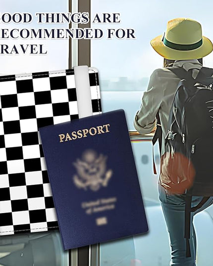 Passport Holder for Travel Essentials, RFID Premium Leather Passport Wallet Cover Case for Travel Must Haves Accessories, Passport Book Holders for Women Men Black White Checkered