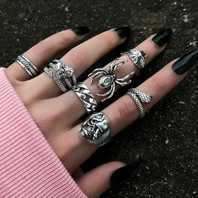 KISS WIFE Cool Rings Set for Women, Vintage Silver Punk Rings Bulk, Gothic Chunky Knuckle Emo Stackable Finger Ring Pack Western Jewelry Gift for Her