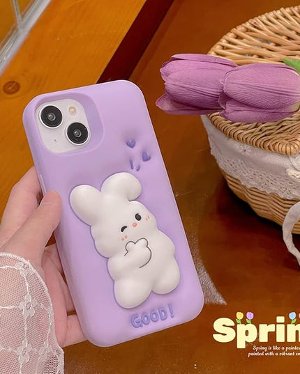 Case for iPhone 13,Cute 3D Kawaii Phone Cases Funny Bunny Purple Cartoon Cover Bear Phone Case Soft Silicone Gel Drop Protection Case Women Girls for iPhone 13